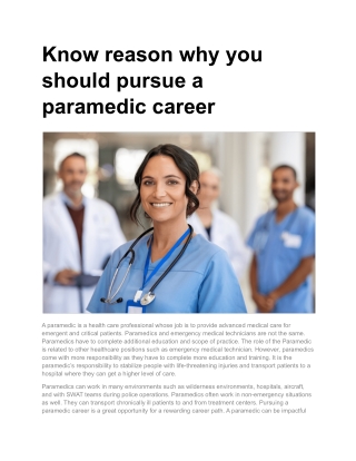 Know reason why you should pursue a paramedic career