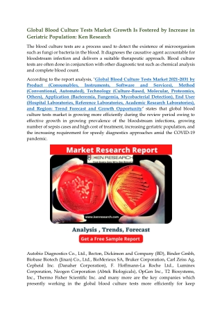 Global Blood Culture Tests Market Research Report & Industry Analysis: Ken Resea