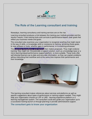 The Role of the Learning consultant and training