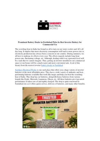 Prominent Battery Dealer in Faridabad Picks its Best Inverter Battery for Commercial Use