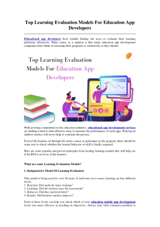 Top Learning Evaluation Models For Education App Developers