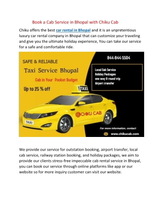 Book a Cab Service in Bhopal with Chiku Cab