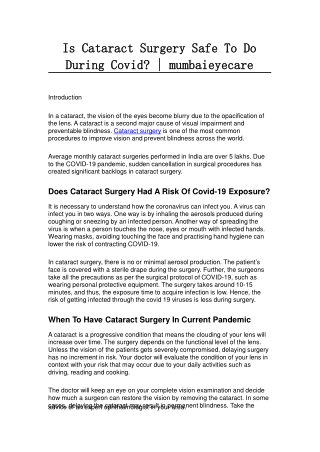 Is Cataract Surgery Safe To Do During Covid? | mumbaieyecare
