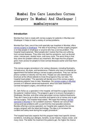 Mumbai Eye Care Launches Cornea Surgery In Mumbai And Ghatkopar | mumbaieyecare