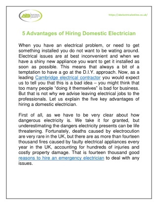 5 Advantages of Hiring Domestic Electrician