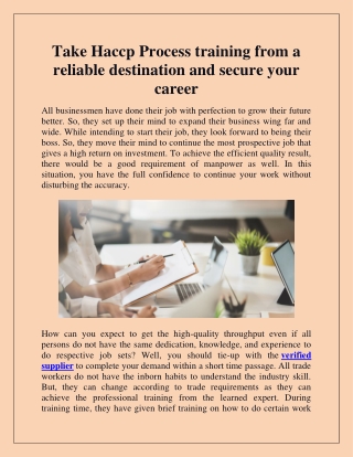 Take Haccp Process training from a reliable destination and secure your career