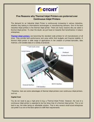 Five Reasons why Thermal Inkjet Printers are preferred over Continuous Inkjet Printers