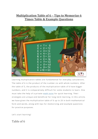 Multiplication Table of 6
