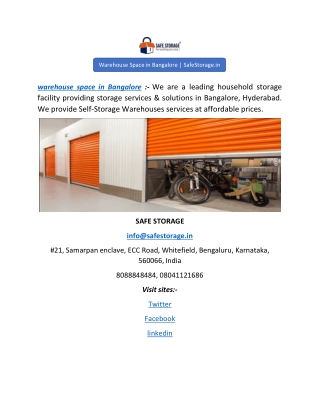 Warehouse Space in Bangalore | SafeStorage.in