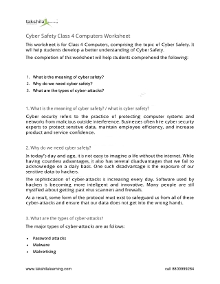 Cyber Safety Class 4 Computers Worksheet