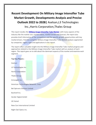 Global Military Image Intensifier Tube Market Opportunities and Forecast 2028