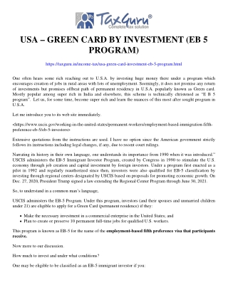 USA – Green card by investment (EB 5 Program)