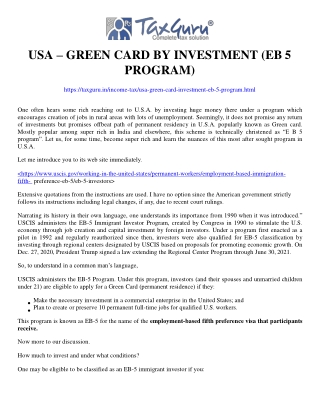 USA – Green card by investment (EB 5 Program)