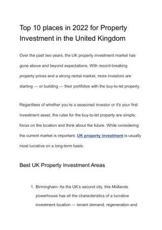 Top 10 places in 2022 for Property Investment in the United Kingdom