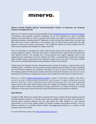 Minerva Provides Bespoke Business Telecommunication Services to Businesses and Corporate Customers throughout the UK