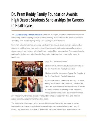 Dr. Prem Reddy Family Foundation Awards High Desert Students Scholarships for Careers in Healthcare