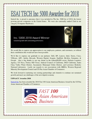 ESAI TECH Inc 5000 Awardee for 2018