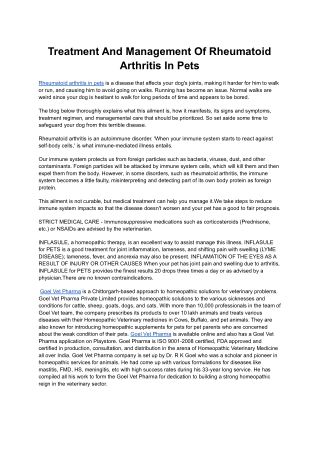 Treatment And Management Of Rheumatoid Arthritis In Pets