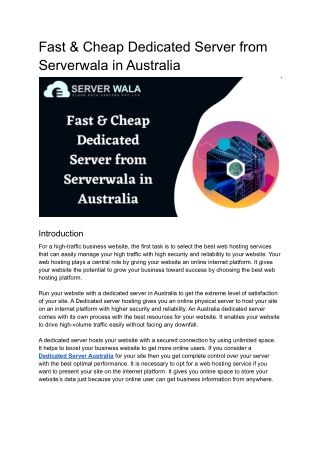 Fast & Cheap Dedicated Server from Serverwala in Australia