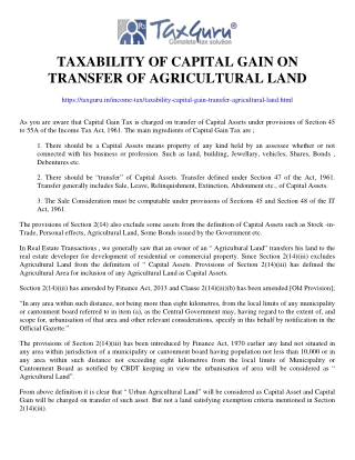 Taxability of Capital Gain on Transfer of Agricultural Land