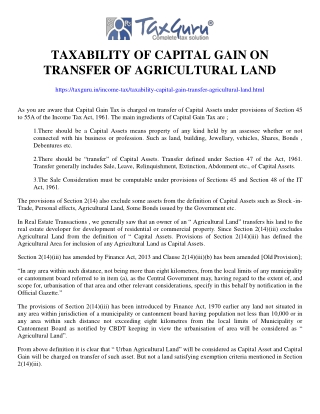 Taxability of Capital Gain on Transfer of Agricultural Land