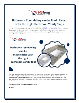 Bathroom Remodeling can be Made Easier with the Right Bathroom Vanity Tops