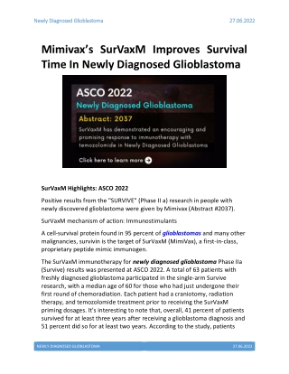 Mimivax’s SurVaxM Improves Survival Time In Newly Diagnosed Glioblastoma