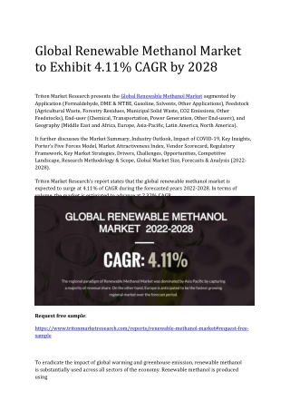 Global Renewable Methanol Market to Exhibit 4.11% CAGR by 2028