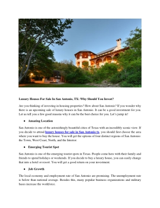 Luxury Houses For Sale In San Antonio, TX Why Should You Invest