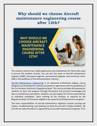 Why should we choose Aircraft maintenance engineering course after 12th