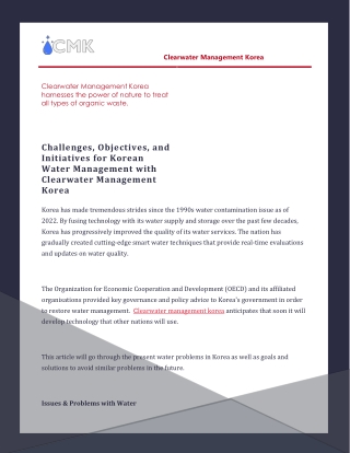 Challenges, Objectives, and Initiatives for Korean Water Management with Clearwater Management Korea
