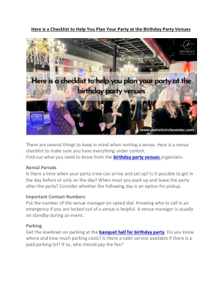 Here is a Checklist To Help You Plan Your Party at the Birthday Party Venues
