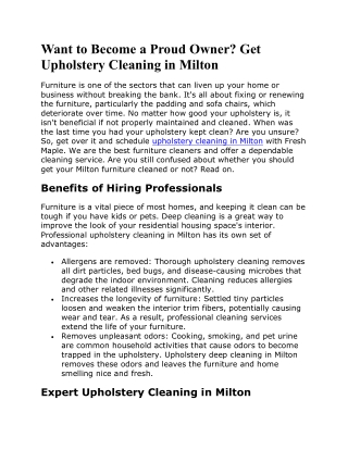 No need to replace your Furniture; hire Upholstery Cleaning in Milton