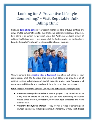 Looking for A Preventive Lifestyle Counselling Visit Reputable Bulk Billing Clinic