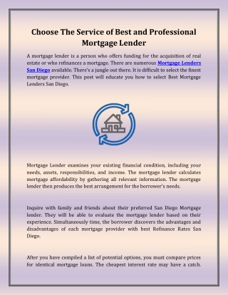 Choose The Service of Best and Professional Mortgage Lender