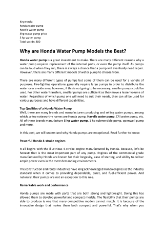Why are Honda Water Pump Models the Best