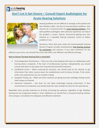 Don’t Let it Get Severe – Consult Expert Audiologists for Acute Hearing Solutions