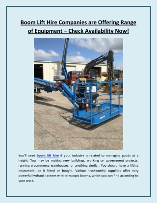 Boom Lift Hire Companies are Offering Range of Equipment – Check Availability Now