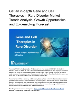 Gene and Cell Therapies in Rare Disorder Market Insights and Epidemiology Forecast