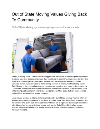 Out of State Moving Values Giving Back To Community