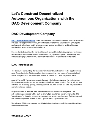 Let's Construct Decentralized Autonomous Organizations with the DAO Development Company