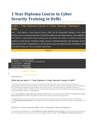 1 Year Diploma Course in Cyber Security Training in Delhi