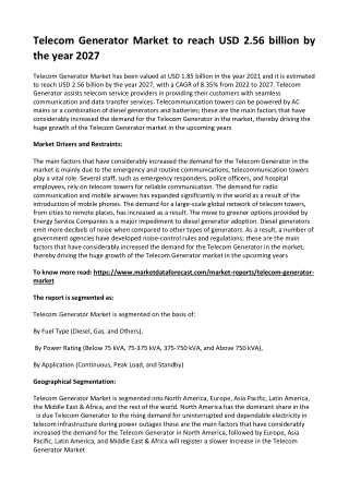Telecom Generator Market to reach USD 2.56 billion by the year 2027