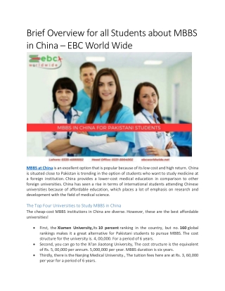 Brief Overview for all Students about MBBS in China – EBC World Wide