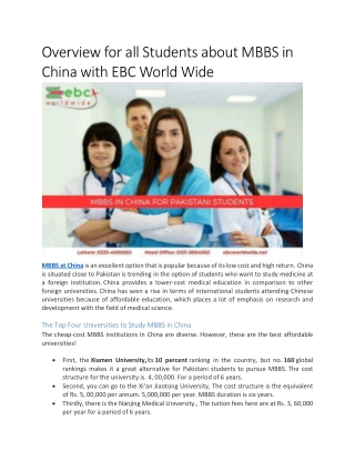 Overview for all Students about MBBS in China with EBC World Wide