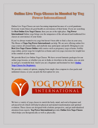 Online Live Yoga Classes in Mumbai by Yog Power International