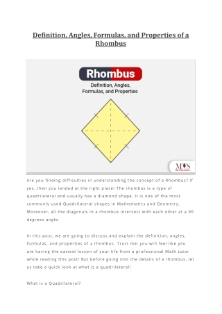 Definition Angles Formulas and Properties of a Rhombus