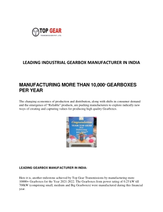 LEADING INDUSTRIAL GEARBOX MANUFACTURER IN INDIA