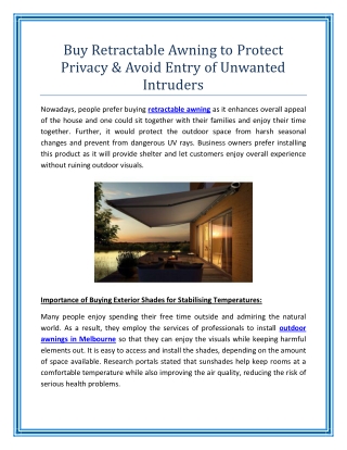 Buy Retractable Awning to Protect Privacy And Avoid Entry of Unwanted Intruders