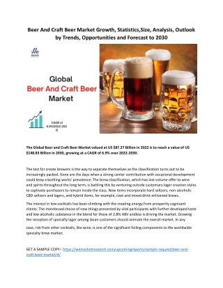 Beer And Craft Beer Market Growth, Statistics,Size, Analysis, Outlook by Trends,